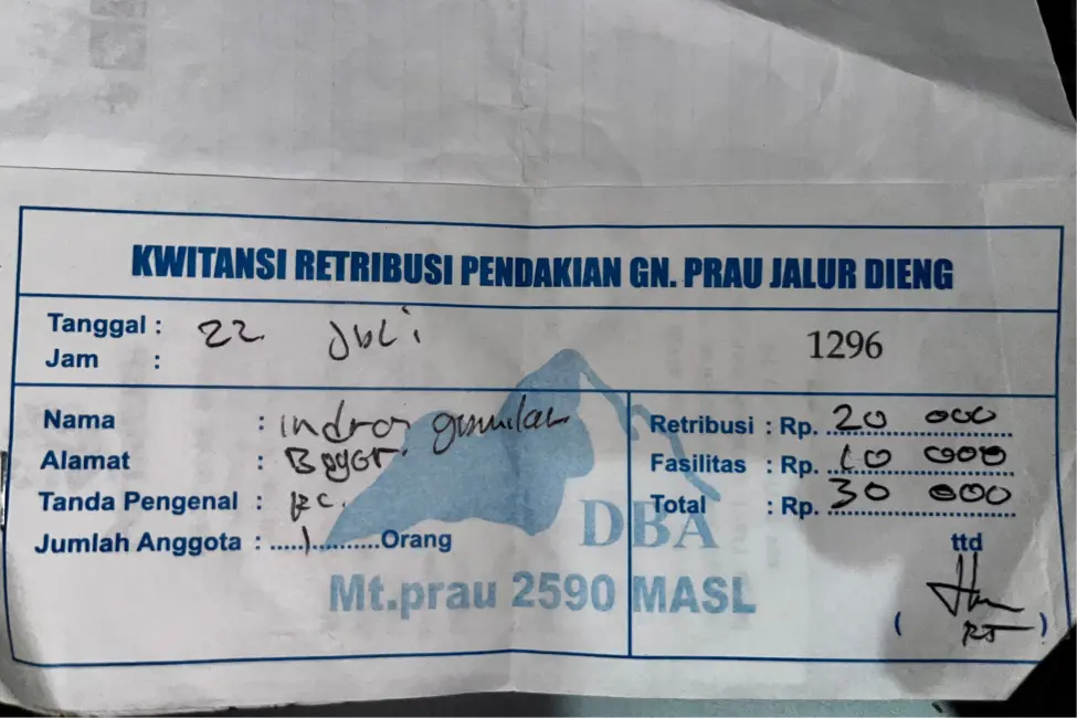 Kwitansi Retribusi Pendakian Gunung Prau