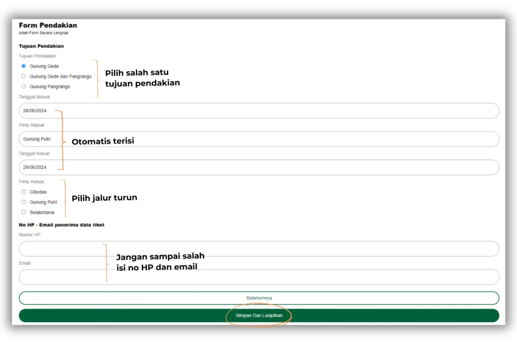Isian form pendakian Gunung Gede Pangrango