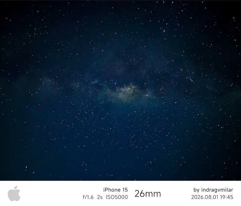 Settingan iPhone 15 untuk foto Milky Way 26mm f1.6 2s ISO 5000